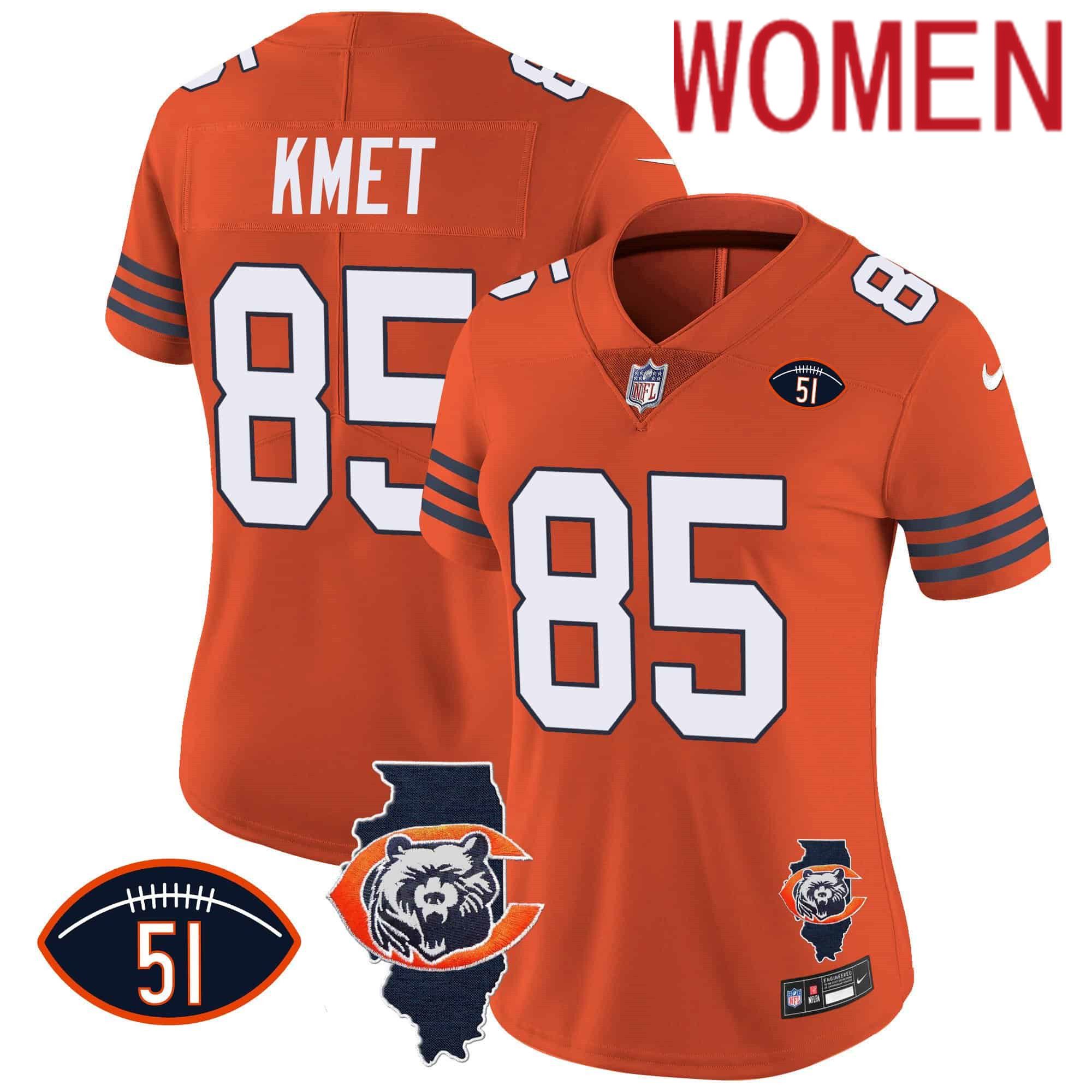 Women Chicago Bears #85 Kmet Orange 2024 Nike Throwback Illinois Patch Vapor NFL Jersey